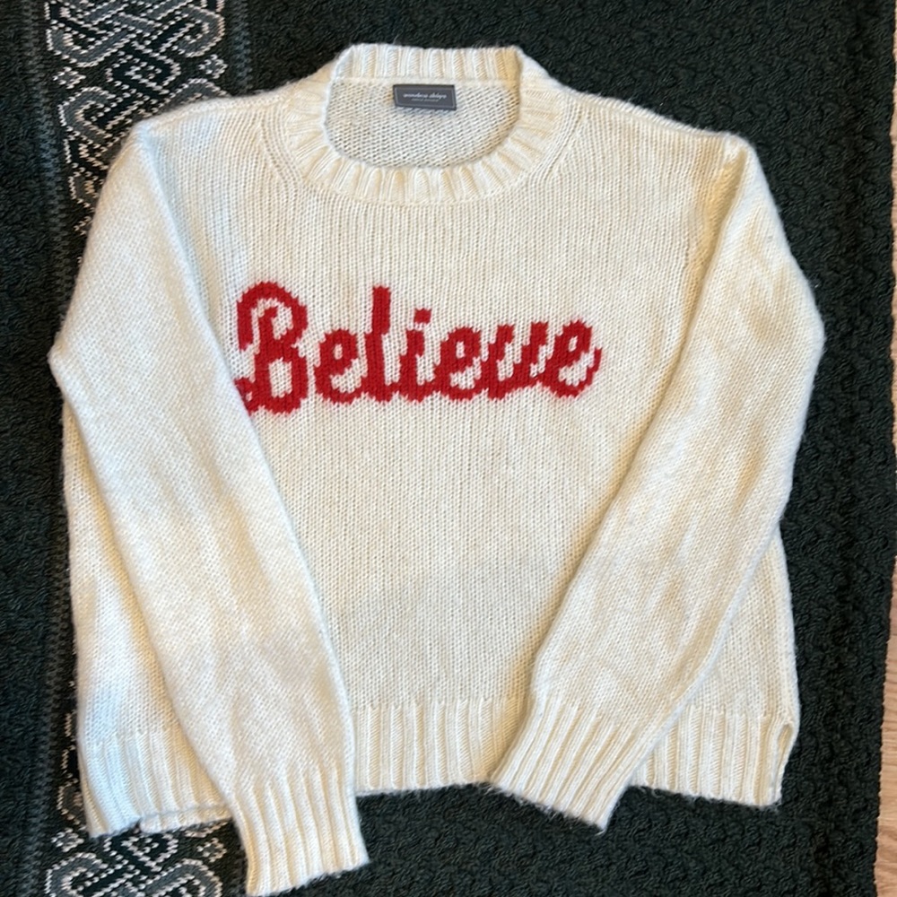 Wooden ships Believe mohair Wool Blend Christmas Sweater M L white Red